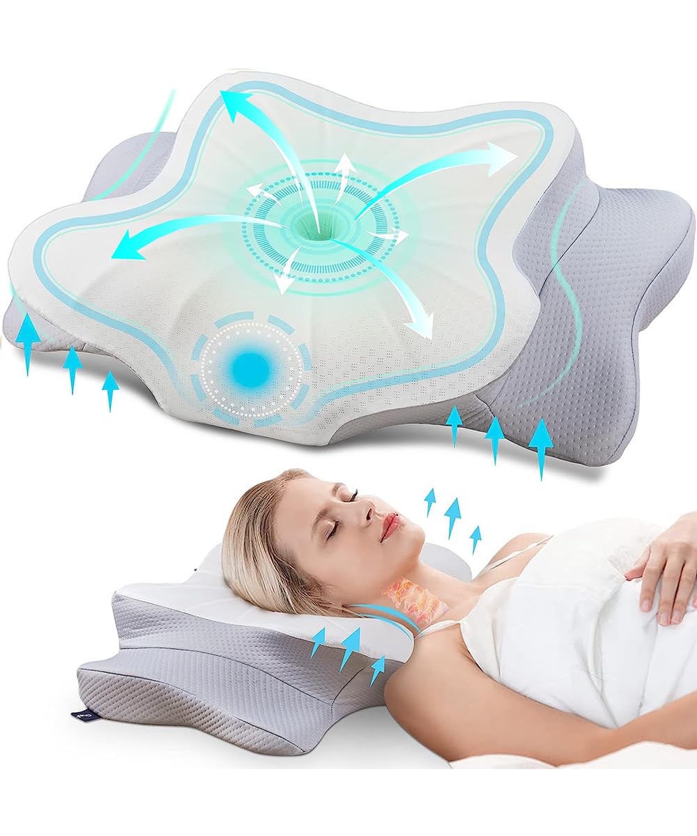 S2CCervical Pillow for Neck Pain Relief - Contour Memory Foam, Ergonomic Orthopedic Neck Support Pillows for Side, Back & Stomach Sleepers with Breathable Pillowcase - Queen Size (Butterfly)