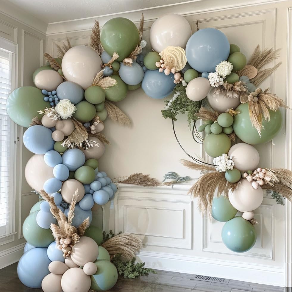 Image of Dusty Blue Green Balloon Garland Arch Kit Double Stuffed Avocado Green Balloons Thick Latex White Sand Pastel Blue Balloons Kit For Jungle Safari Neutral Birthday Baby Shower Party Deocrations