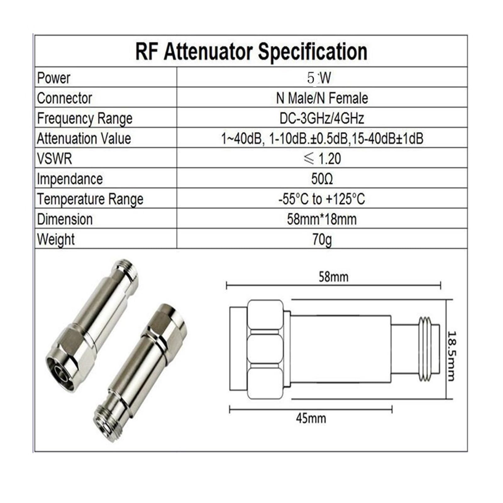 Attenuatore 5W N Attenuatore Tipo DC-3Ghz/4Ghz 1/2/3/5/6/10/15/20/30db/40db N Maschio a Femmina coassiale Potenza Maschio a Femmina 50ohm(30db,4G)