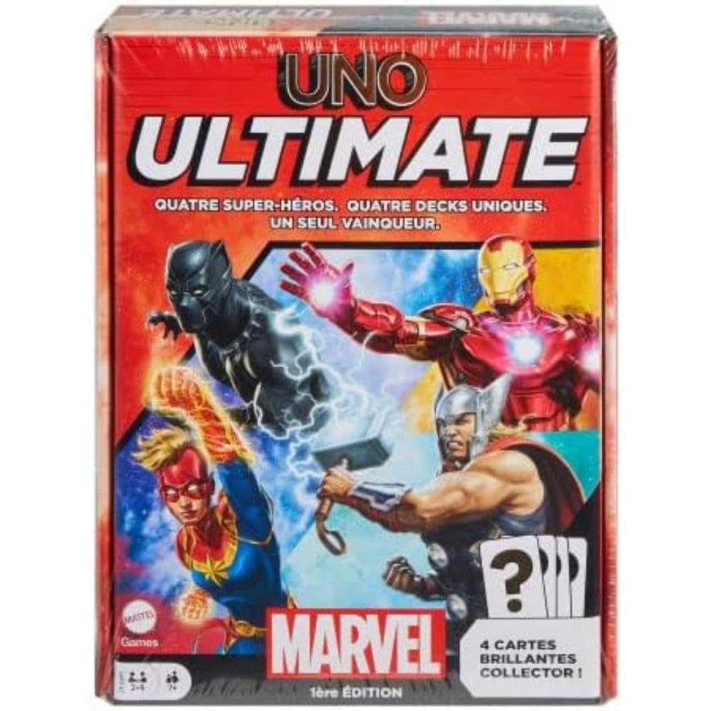 Mattel Games UNO Ultimate Marvel Card Game French Version Superhero Design Captain Marvel Iron Man Black Panther Thor Special Rules 7+ Years HPT47