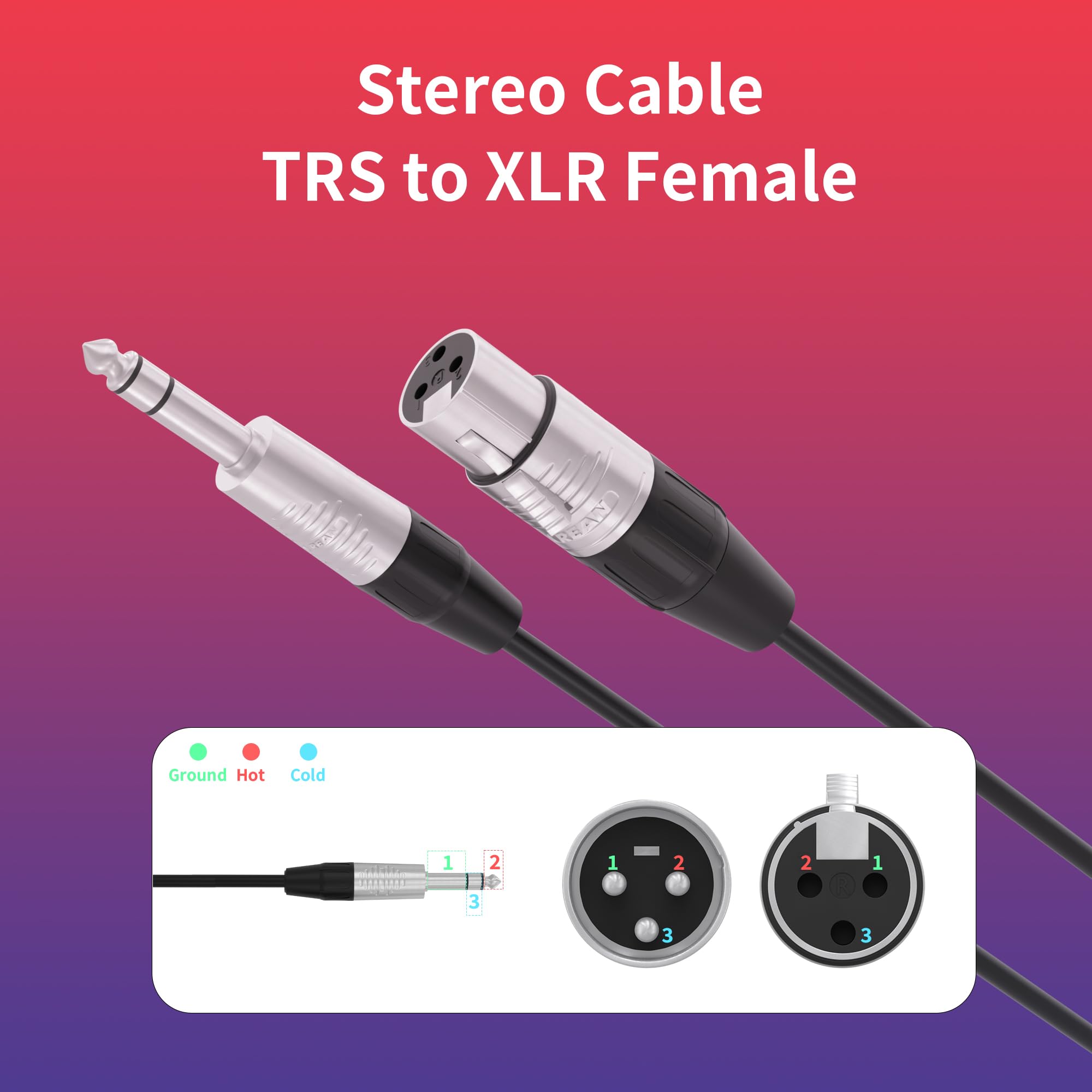 PRORECK Cavo microfono stereo da 15,2 m, XLR femmina a TRS da 1/4", connettori Rean, 20 AWG, ideale per applicazioni di palco, studio e audio dal vivo (PRS-XLRF-TRS/50FT)