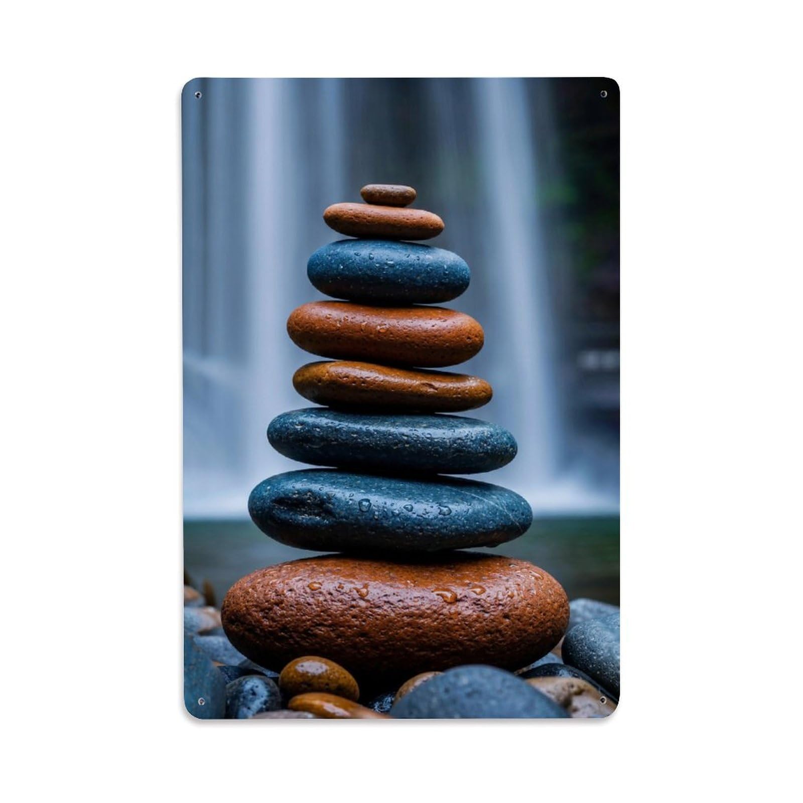 Zen Balance Wet Pebble Cairn Waterfall Serenity Meditation Metal Tin Sign Plaque Wall Decor for Cafe, Man Cave, Club Bar, Office, Home Garden Round Metal Poster 8x12Inch