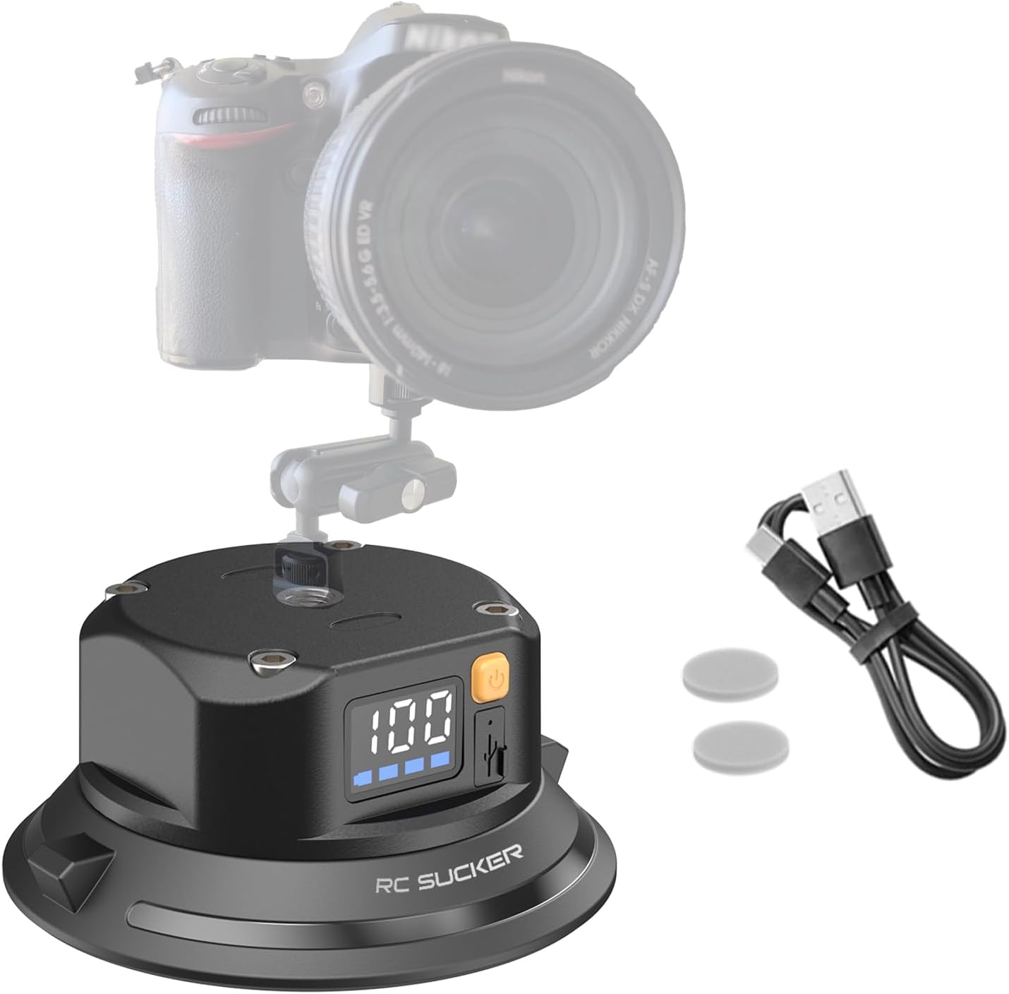 4.5" Electric Vacuum Suction Cup Camera Mount, 1/4" Thread ABS Heavy-Duty Car Mount for Action Camera, Phone & DSLR, Real-Time Leak Protection & 110LB Load for Car/Boot/Windshield