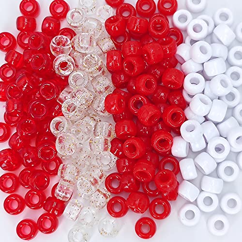 MIIIM 1000PCS 6x9mm Pony Beads Bulk 4 Styles Red Kandi Beads for Bracelets Making Kit Hair Braids Crafts for Jewelry Making (Red)