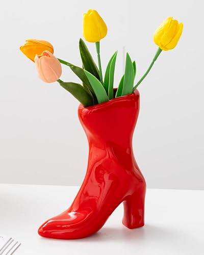 7.9" Ceramic High Heel Boot Vase for Modern Home Decor-Red | CERAMIC BOOT VASE: High heel design in red,Trendy accent for coffee tables centerpiece; quirky gift for women.