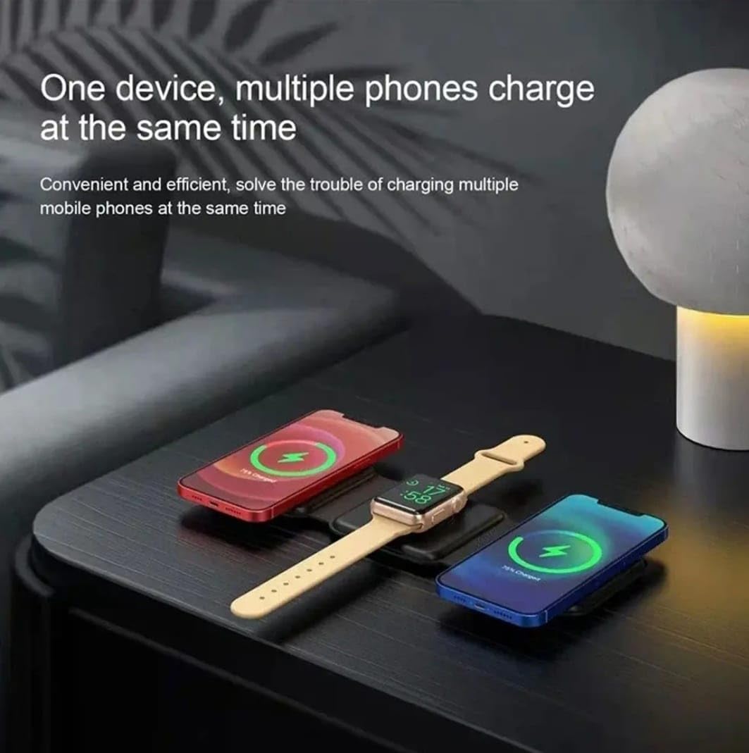 D-Choice 3 en 1 Chargeur Magnétique sans Fil - Compatible avec Smartphones, Montres et Casque Bluetooth - Charge Rapide 15W, Design Compact (Noir)