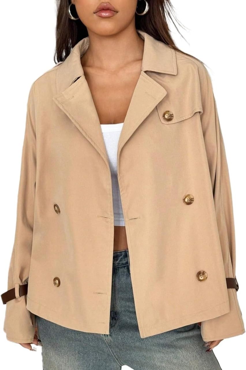 Womens Fashion Trench Outwear Raglan Sleeve Double Breasted Regular Trench Coat Jacket Coat