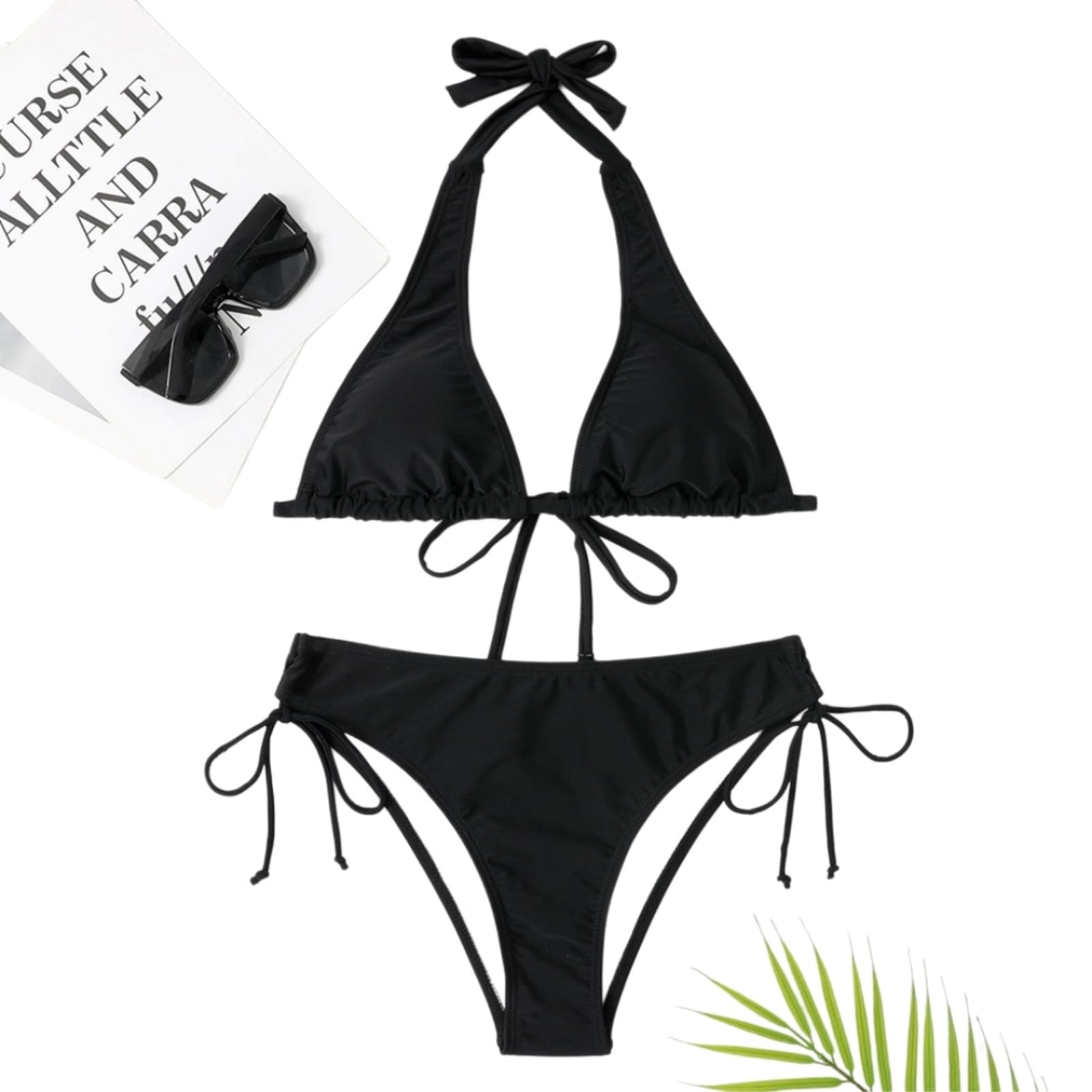 Bikini Mujer Mujeres Halter Triángulo Set Corbata Lateral Inferior Dos Piezas Traje De Baño Ropa Playa-Black-l