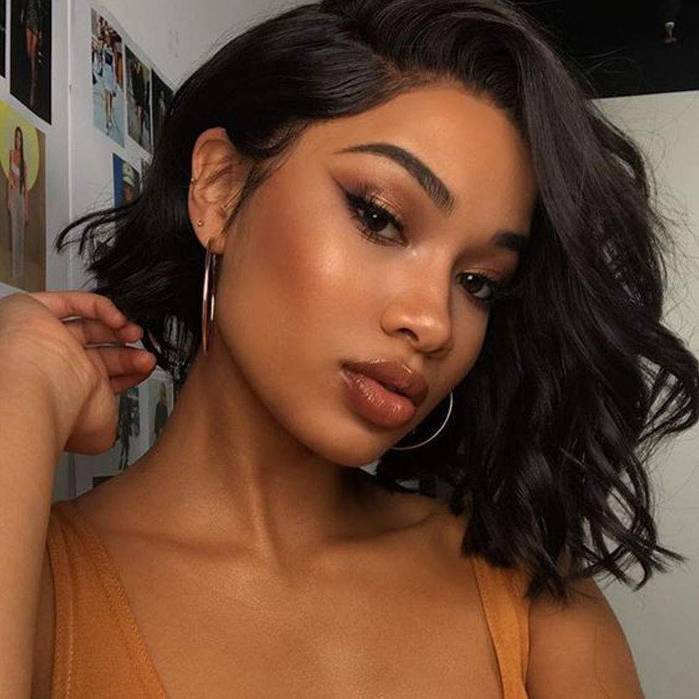 Kryssma 8"x1"x4" Short Natural Black Synthetic Lace Front Wigs for Women, Bob Wavy Lace Wig with 4" Deep Parting, Natural Hairline Heat Resistant