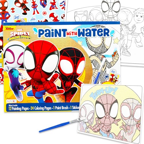 Spidey and Friends Paint with Water Set for Kids Toddlers Age 3+ - Bundle with 40 Page Cute Cartoon Mess-Free Water Coloring Book for Ages 3 4 5 6 7 8 and More | Spiderman No-Mess Arts and Crafts