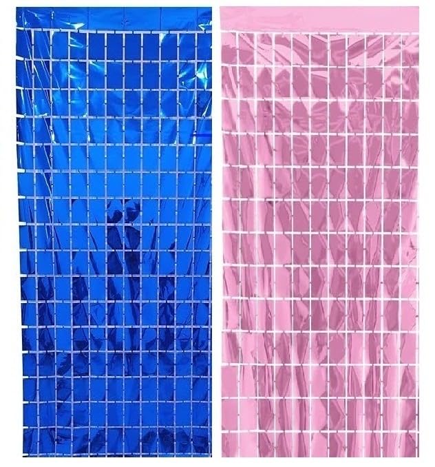 Image of AMFIN (Pack of 2) Square Foil Curtains for Birthday Decoration Photo Booth Props Backdrop Baby Shower Bachelorette Party Decorations - Blue & Pink