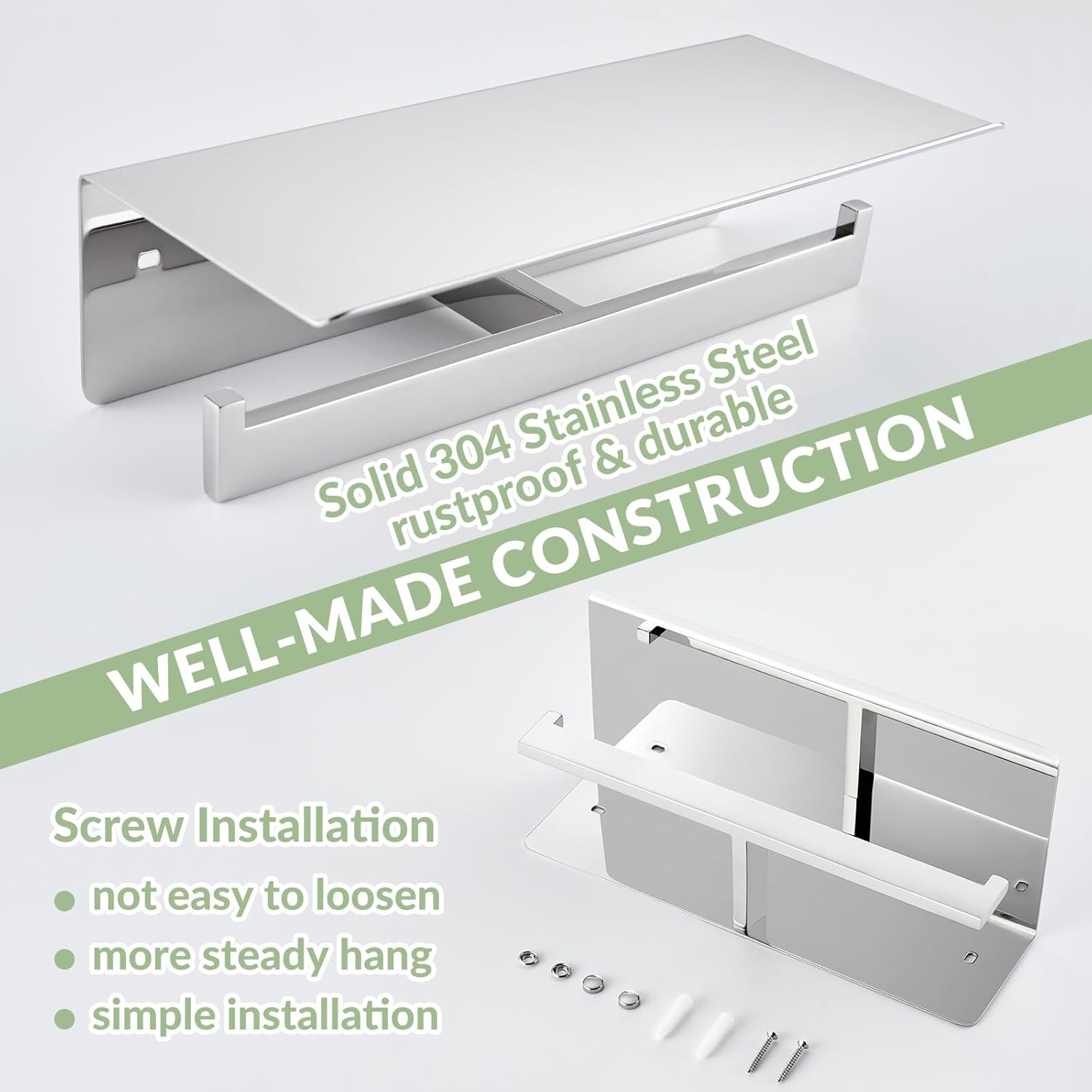 Double Toilet Paper Holder with Shelf, Double Towel Hook Bundle, APLusee Polished Chrome 304 Stainless Steel Wall Mounted Bathroom Accessories