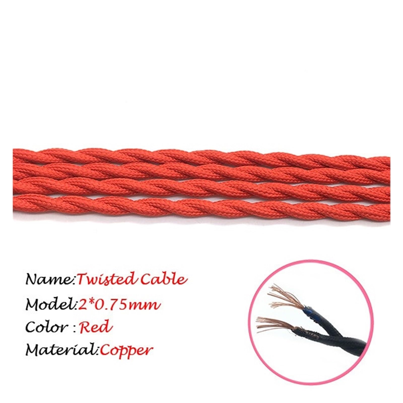 cable eléctrico, Cable de alimentación trenzado 2 conductores 0,75 mm² recubierto tela, multicolor,5 a 100 metros(Red,20m)