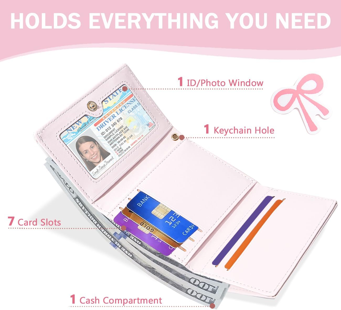 Coquette Pink Bow Small Wallet with 7 Credit Card Slots 1 ID Window for Women Girls