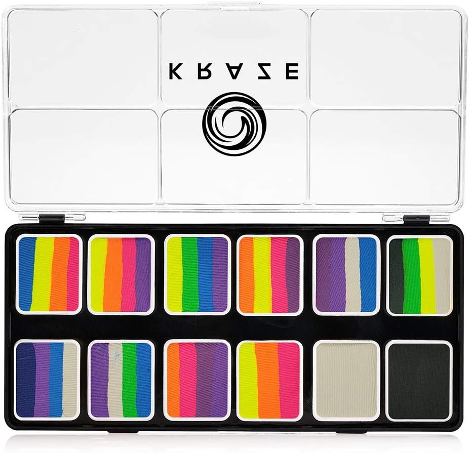 Kraze FX Neon Pop 1-Stroke 12 Split Cake Palette (6 gm) with 2 Brushes - Professional UV Glow Blacklight Reactive Body & Face Painting Kit, Water Activated, Hypoallergenic, Vibrant Face Paint