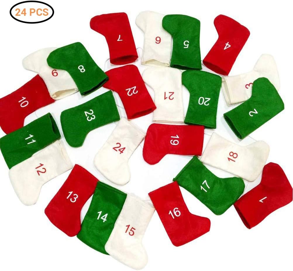 Goefly Christmas 24 Countdown Socks, Christmas 24 Days Countdown Advent Calendar Felt Banner Garland Stockings Novelty Socks Christmas Party Decorations, 24 Pieces