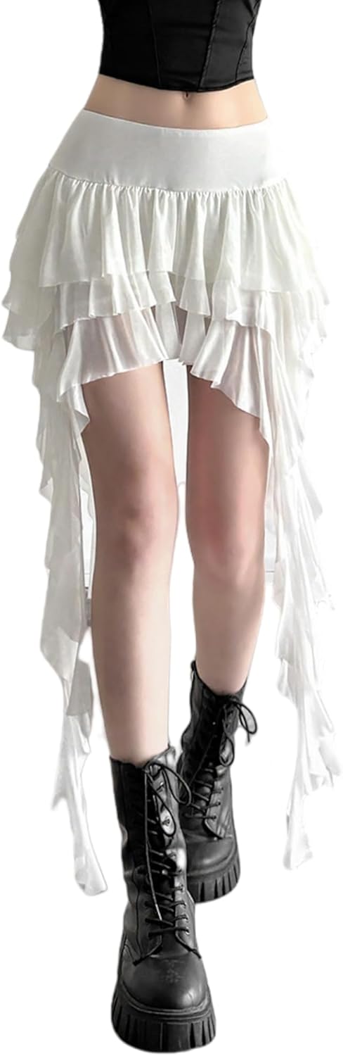 Women's Lace Mesh Tassels Tiered Mini Skirts Y2K Punk Asymmetrical Hem Ruffle Layered Club Rave Skirt with Shorts