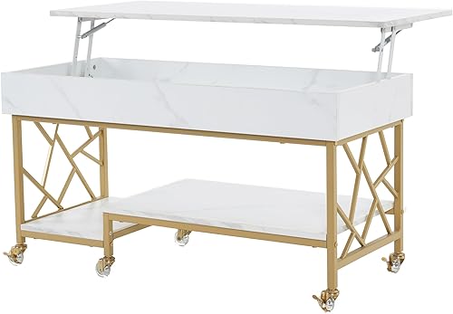 ivinta Mesa auxiliar con rueda de cristal de silicona y marco de metal, mesa central de madera con compartimento de almacenamiento oculto y estante