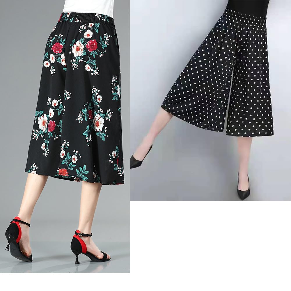 VNDUIFH Rsvelte Pantaloni Gonna,Culotte a Gamba Larga in Chiffon Pieghettato in Vita Alta Elastica da Donna,Culotte a Vita Alta al Ginocchio