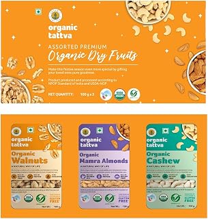 Organic Tattva, Organic Dry Fruits Combo Gift Pack for Diwali (Kashmiri Mamra Almonds, Cashew and Walnuts), 300 gram | Ric... Price In India