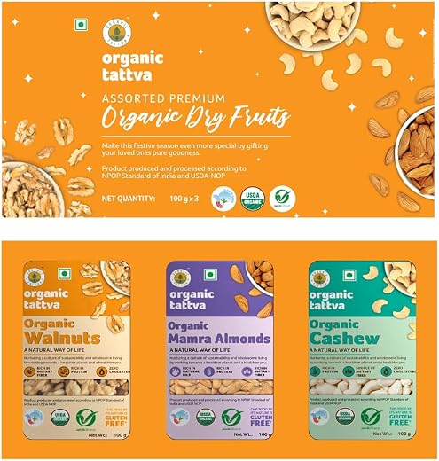 Organic Tattva, Organic Dry Fruits Combo Gift Pack for Diwali (Kashmiri Mamra Almonds, Cashew and Walnuts), 300 gram | Ric...