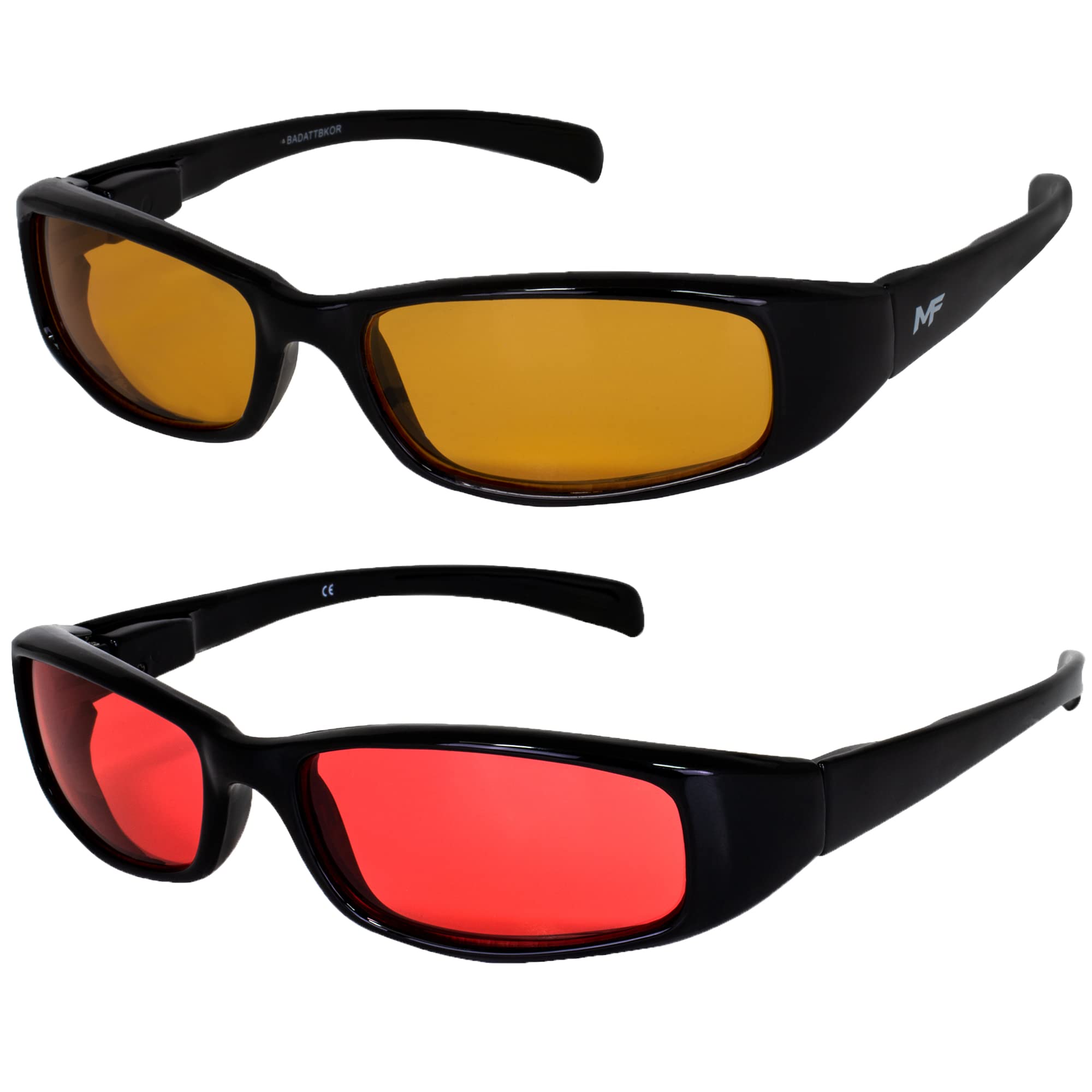 MF Eyewear2 Pairs of MF Eyewear Bad Attitude Cool Wraparound Motorcycle Sunglasses Black Frames with Orange & Red Lenses