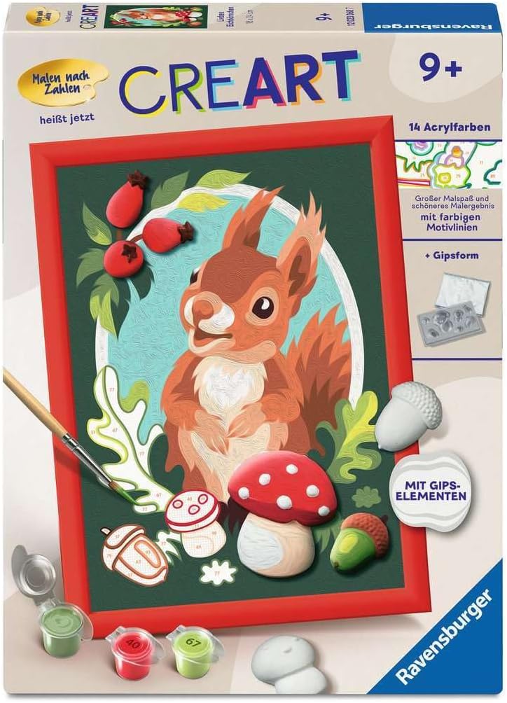 Ravensburger CreArt 12023068 - Love Squirrel - Painting by Numbers from 9 Years, Painting Set with Frame, Brush and Acrylic Paints, Gift for Girls and Boys, Cast Plaster