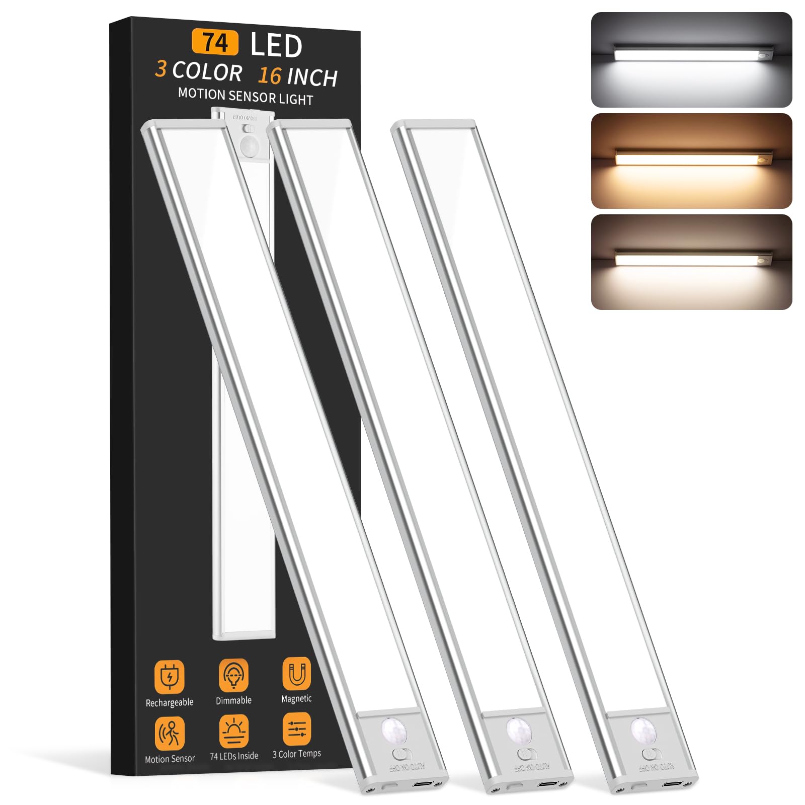 Under Cabinet Lighting Wireless, 74 LED Motion Sensor Light Indoor, 3 Color Dimmable Closet Lights Battery Operated, Rechargeable Magnetic Light, Under Counter Lights for Kitchen, Stairs, Home (3Pack)