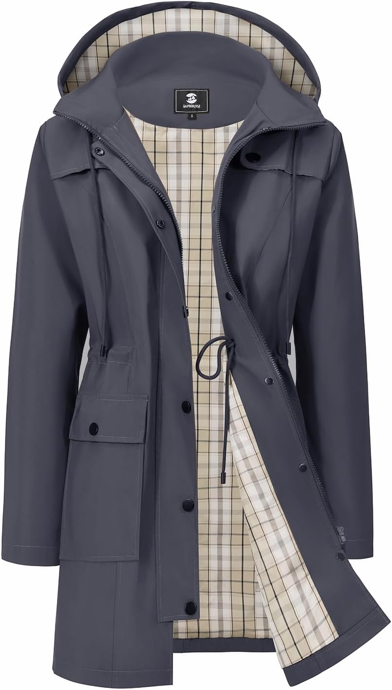 SaphiRose Women’s Waterproof Rain Jacket Long Raincoat Hooded Windbreaker Trench Coat