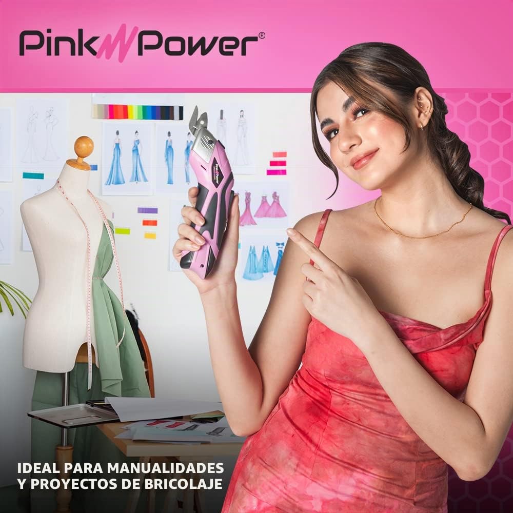 Tijeras eléctricas de tela rosa para manualidades, costura, cartón, álbumes de recortes, tijeras inalámbricas y estuche de almacenamiento