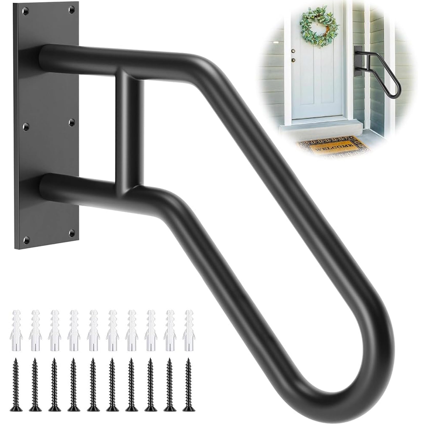 Gouzibhd Black Handrails For Outdoor Steps, U-Shaped Handrails For Kids Elderly Disabled, Outdoor Handrail Wall Mount Staircase Handrail, Hand Railing For 1-3 Steps(Color:black)