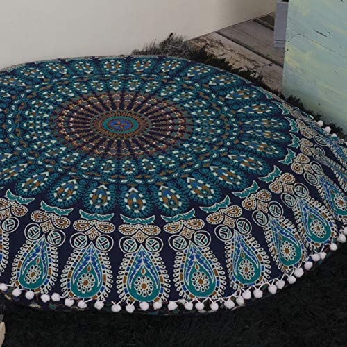 Popular Handicrafts Large Hippie Mandala Floor Pillow Cover - Cushion Cover - Pouf Cover Round Bohemian Yoga Decor Floor Cushion Case- 24" Blue Tarquoise