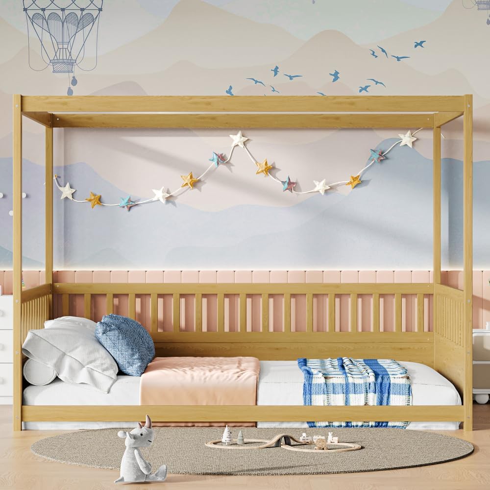 Saiveina Full Size Canopy Bed Frame with Guardrails for Kids,Floor Bed Full with Four Poster Design,Kids Montessori Floor Bed,Wood Canopy Bed Frame for Girls,Boys(Full,Natural)