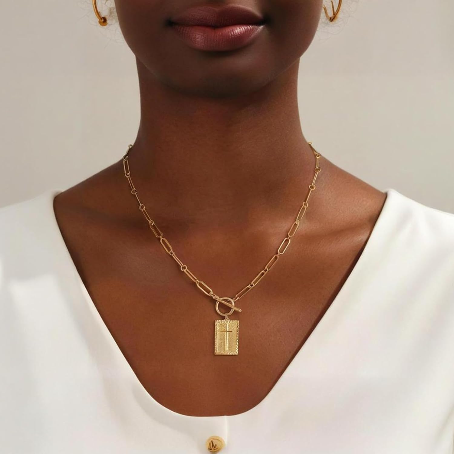 Chunky Cross Paperclip Necklace for Women Gold Silver Cross Toggle Clasp Necklace Trendy Statement Rectangle Necklace Religious Jewelry Gift for Christian Faith - Image 2