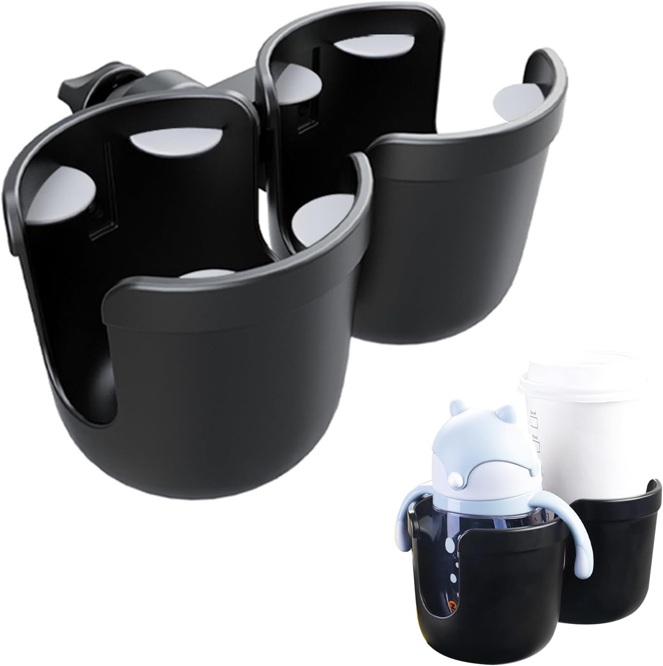 JINKEY Universal 360°Rotation Dual Cup Holder for Baby Stroller, Adjustable 2 in 1 Double Stroller Cup Holder Attachment for Bike, Wheelchair, Scooter