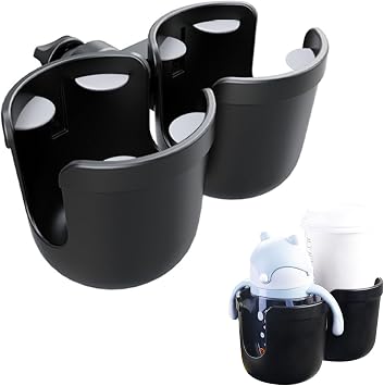 JINKEY Universal 360Rotation Dual Cup Holder for Baby Stroller, Adjustable 2 in 1 Double Stroller Cup Holder Attachment for Bike, Wheelchair, Scooter