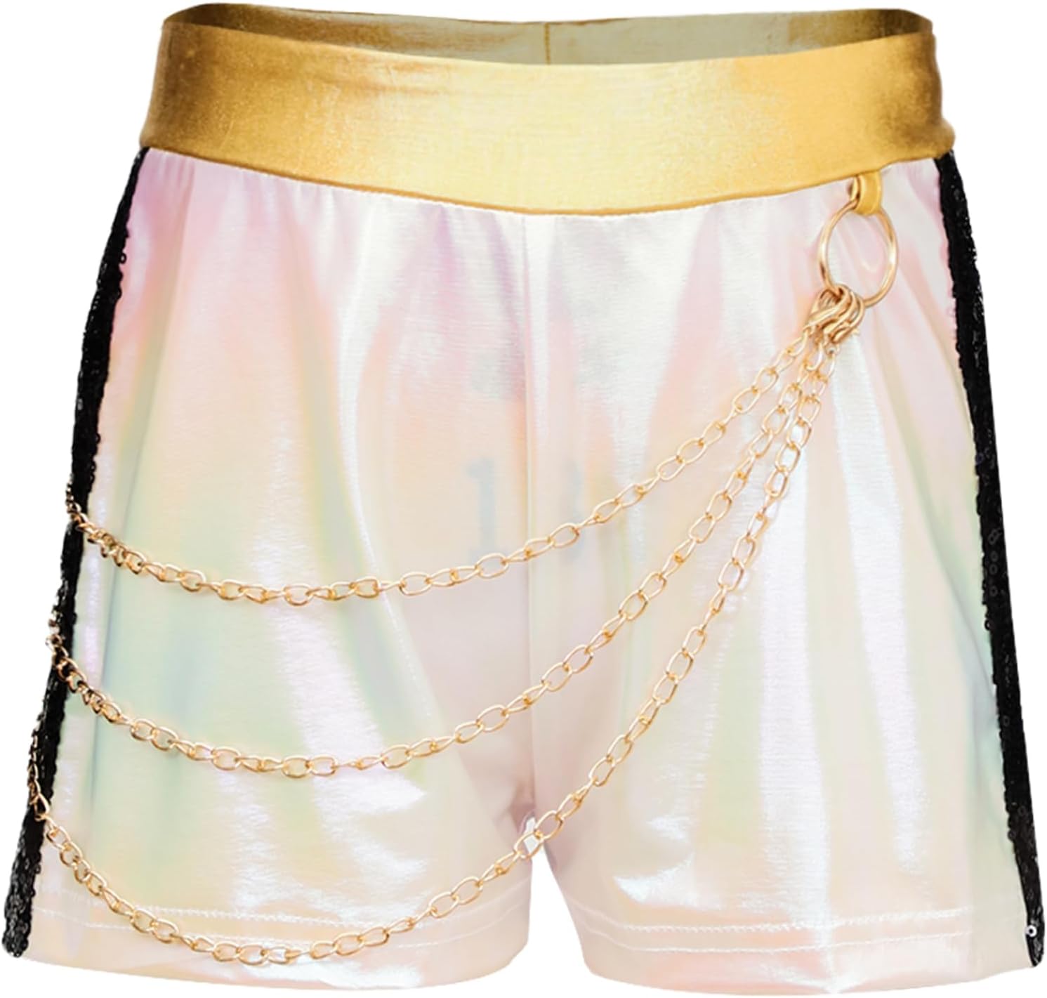 Girls Metallic Shorts Shiny Hot Short Sequin Patchwork Short Pants with Chains for Singer Cosplay Costume
