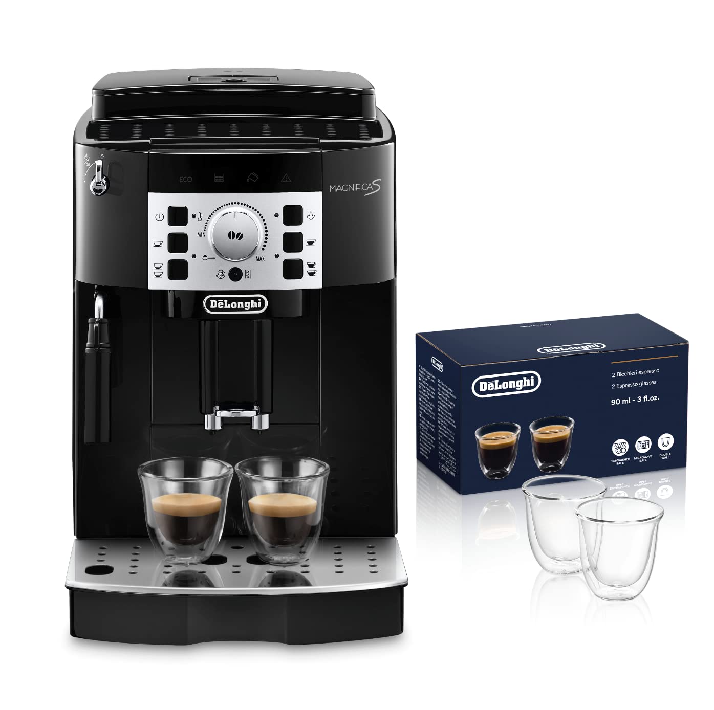 De'Longhi Perfetto Magnifica S ECAM22.110.B Macchina da Caffè Automatica per Espresso e Cappuccino Caffè in Grani o in Polvere spegnimento automatico + 2 Tazzine di Vetro a Doppia Parete da 60ml