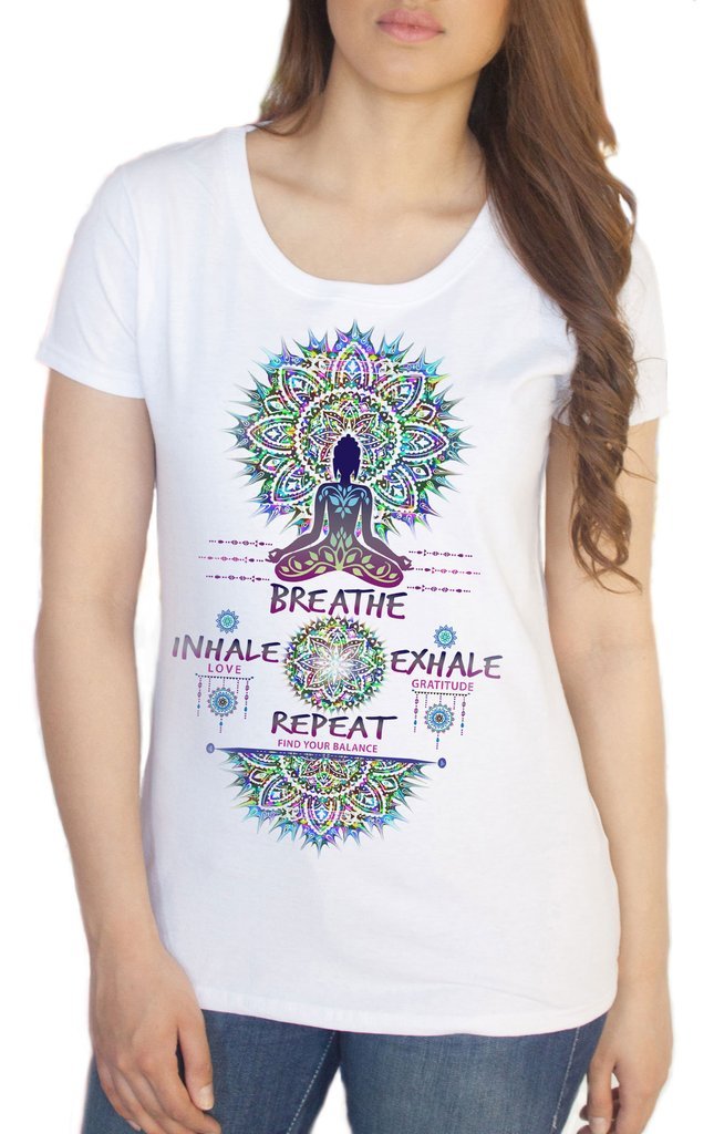 Womens Tee Buddha Meditation Breathe, Inhale Love, Exhale Gratitude & Repeat Print TS935