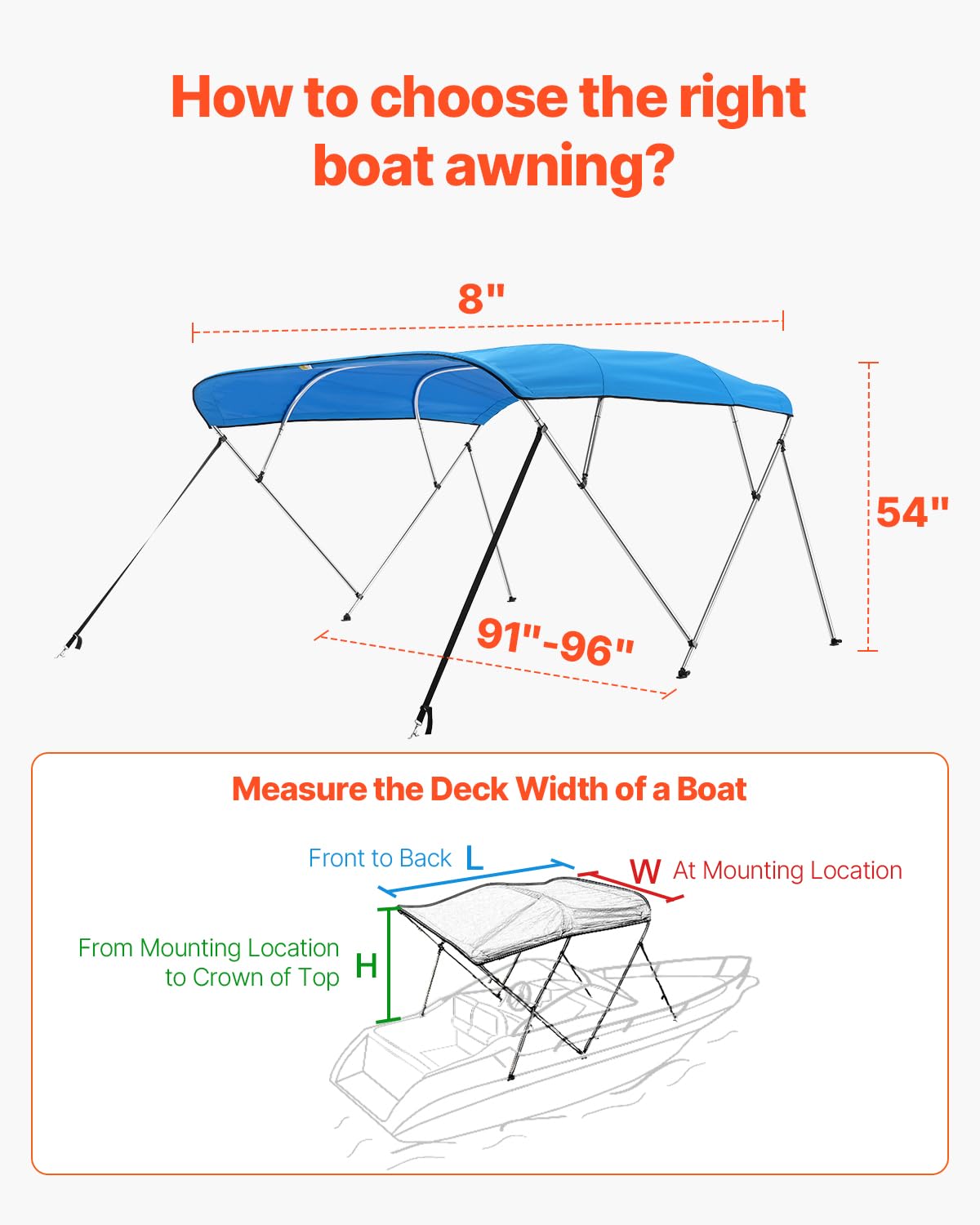 VEVOR Tendalino per Barca a 4 Archi Regolabile 243 x 137 x 231-244 cm, Tenda Parasole Telaio in Lega di Alluminio Tela di Poliestere 900D, Tendalino Tettoia Parasole Pieghevole per Barca a Vela Blu