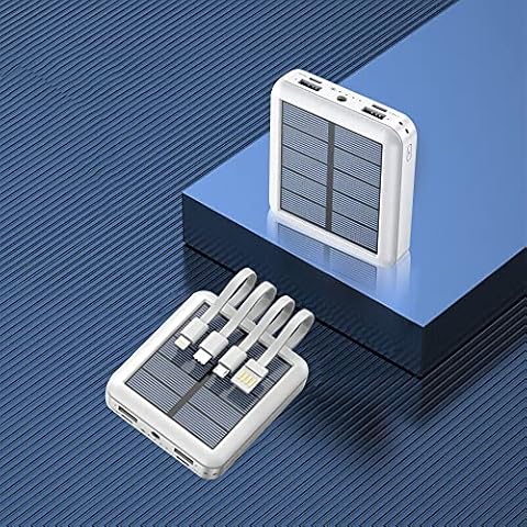 Solar Power Bank-20000mah,Solar Charger With 4 Different Charging Cables【Type C & Lightning & Usb& Micro Usb Input】Built-In Small Led Light-White Cover