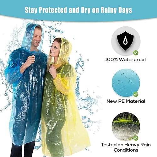 Miniatura 5 de Paquete de 12 ponchos de lluvia transparentes con capucha para adultos, familia, 3 colores, impermeables de emergencia de 51.1 pulgadas