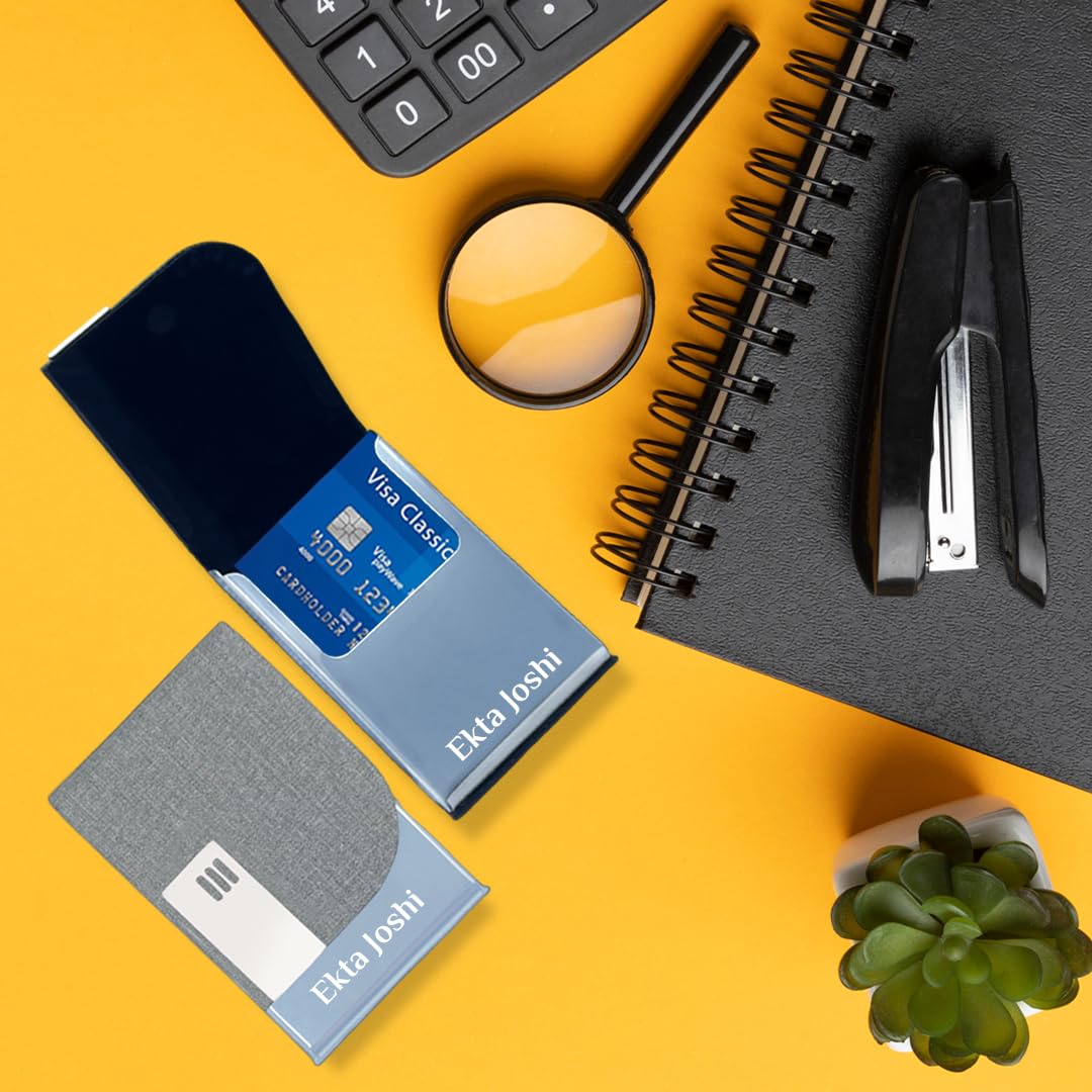 Giftana Personalized Card Holder with Name Engraved, Jute Steel Professional Business Card/Debit Credit Card Holders for Men and Women, New Year Gift for Employees (1.5 x 9.5 x 6.5 cm - Grey) 1