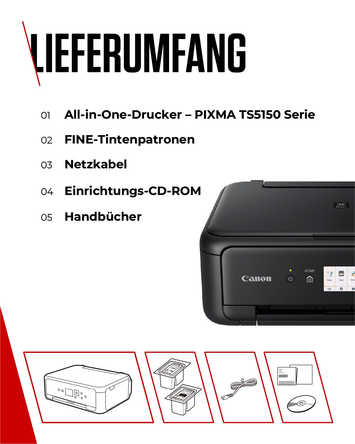 Canon PIXMA TS5150 Drucker Farbtintenstrahl Multifunktionsgerät DIN A4 (Scanner, Kopierer, Farbdisplay, 4.800 x 1.200 dpi, USB, WLAN, Duplexdruck, 2 Papierzuführungen) schwarz
