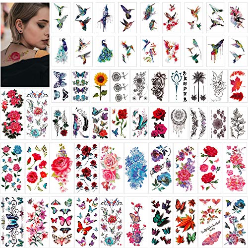 60 Sheets Hummingbirds Temporary Tattoo Sticker Flower Butterfly Watercolor Bird Fake Tattoos Variety Tiny Waterproof Temporary Tattoos Multi-Colored Mixed Body Tattoos for Women Girls