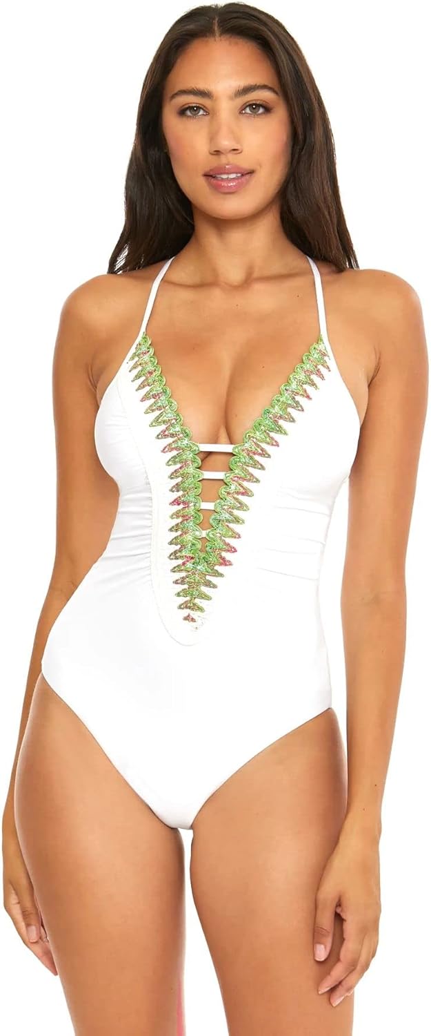 BECCA Women's Layla One Piece Swimsuit, Plunge Neck, Bathing Suits