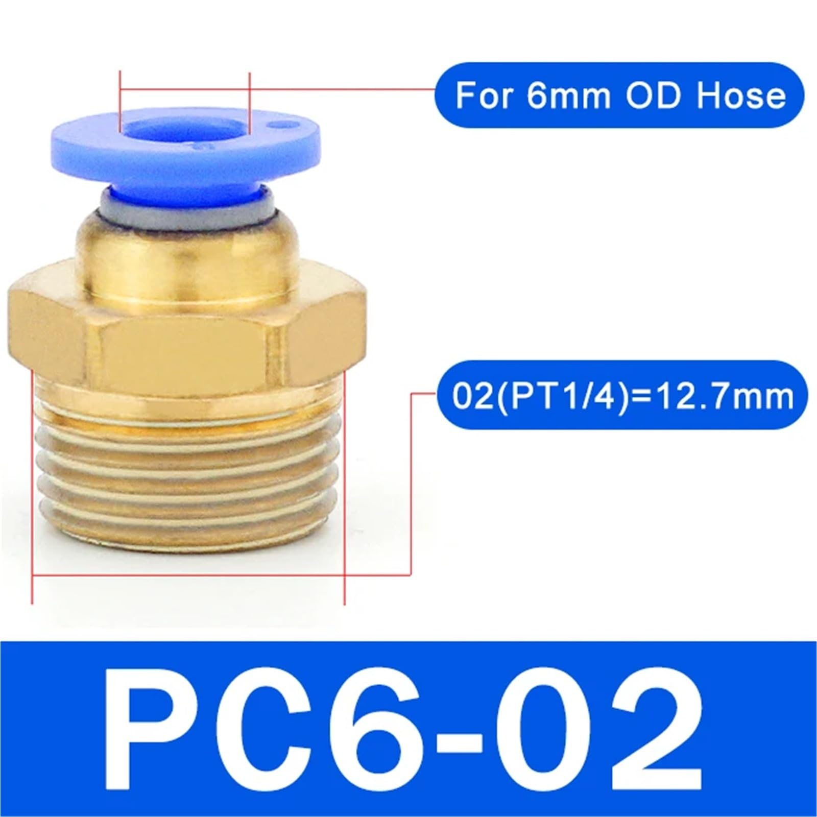 Lot de 50 raccords pneumatiques PC 4 mm, 6 mm, 8 mm, 10 mm, 12 mm, 0,3 cm, 1 cm, 1,3 cm, 20/50/100 pièces (PC6-02 (1I4), 50 pièces)