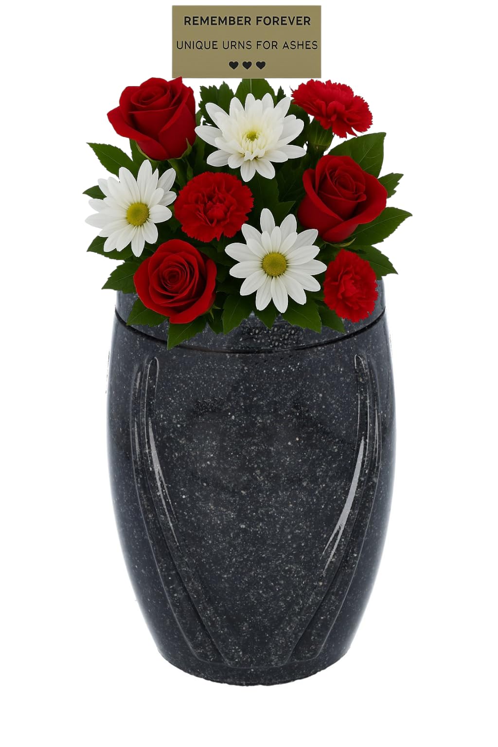 Vase funéraire en granit gris foncé avec plaque gravée pour fleurs de cimetière