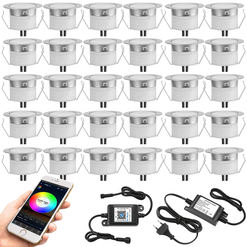Lot de 30 Bluetooth RGBWW Led Encastrable Exterieur, Ø31mm Dimmable Mini Spot Escalier Piscine Lampe au Sol, Etanche IP67 DC12V pour Terrasse Bois (RGB+Blanc Chaud)