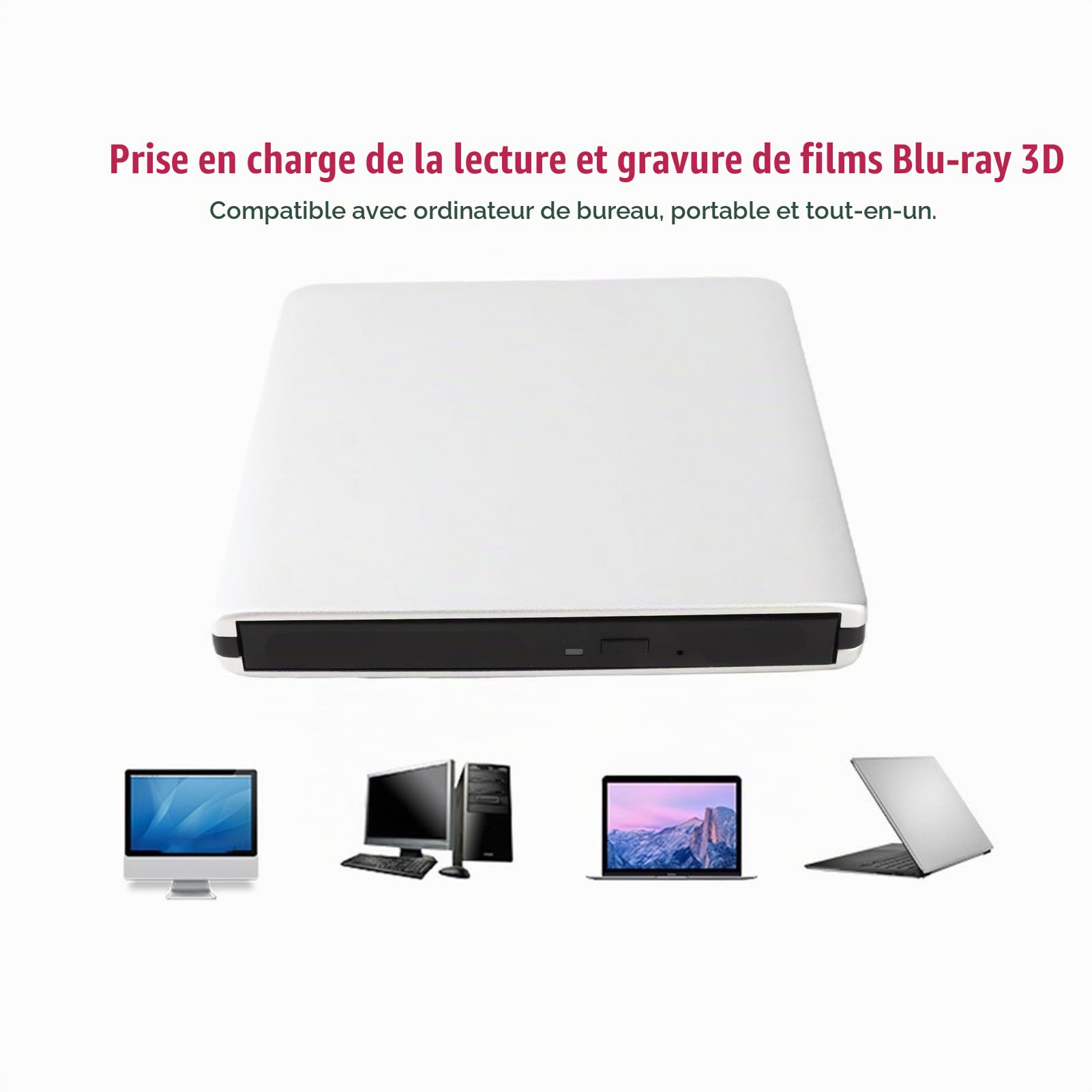Sutinna USB 3.0 Blu-Ray PC Portable Lecteur Optique Externe, DVD CD BD Writer Recorder Slim Portable Driver Mobile Alliage d'aluminium PC Graveur DVD Externe CD Driver